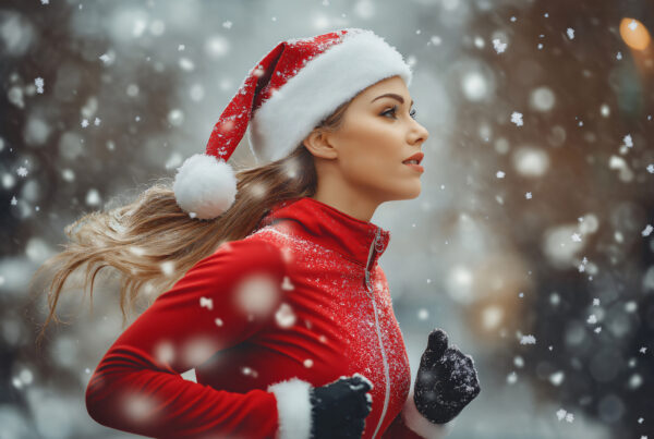 Young woman wearing a santa hat and red athletic wear is running outside on a snowy winter day